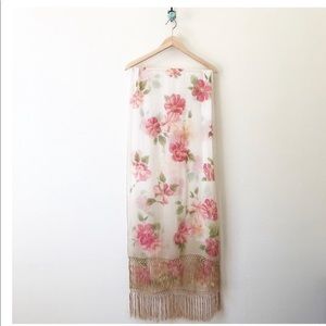 RALPH LAUREN beige floral silk tassel scarf
